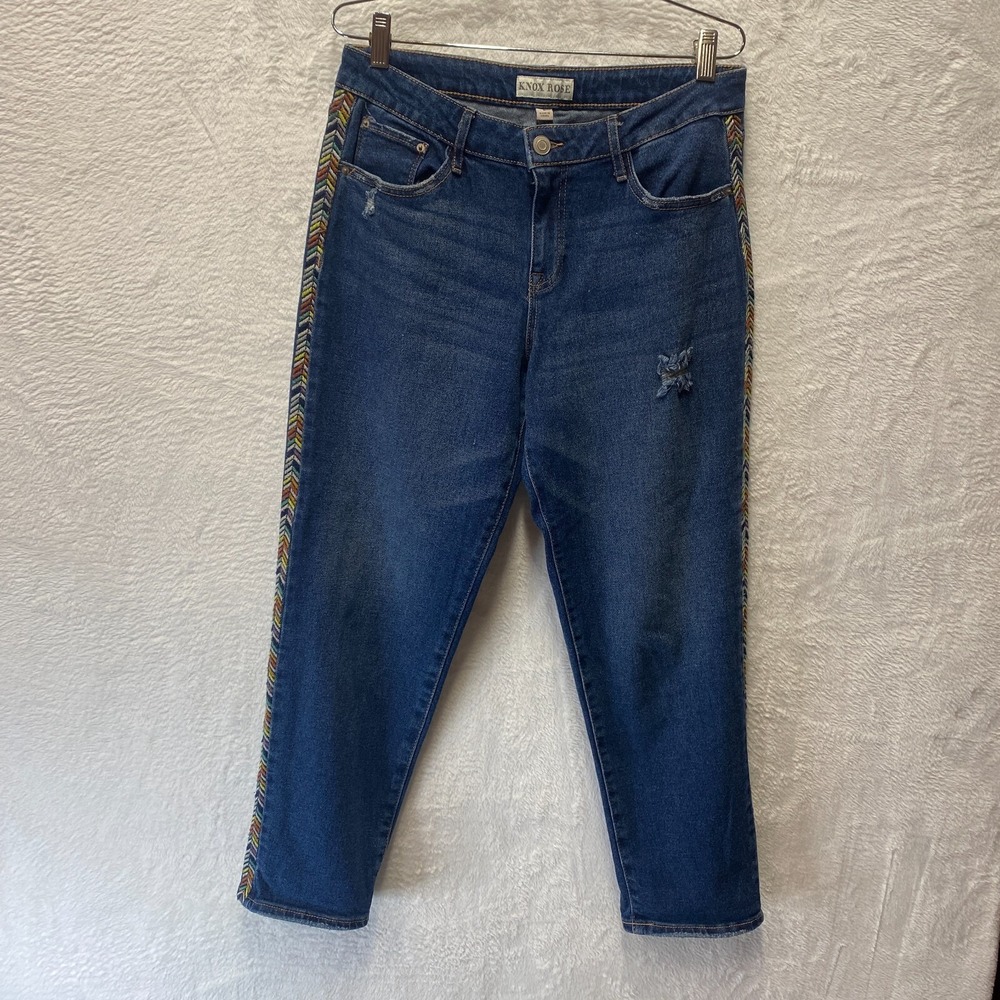 Knox Rose Embroidered Boho Jeans Womens 8 Blue Western Mid-Rise Distressed Aztec